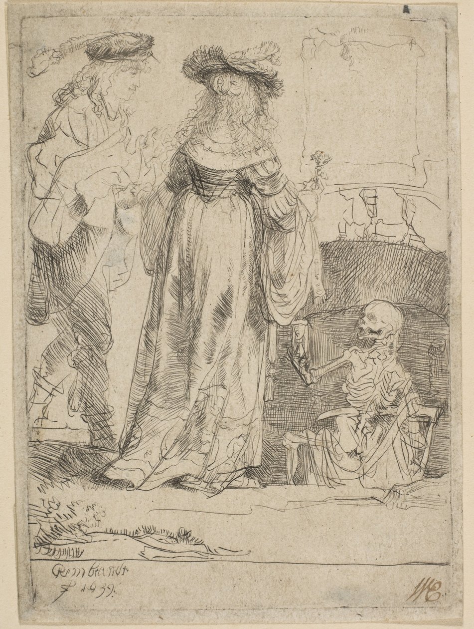 Der Tod erscheint einem verheirateten Paar aus einem offenen Grab, 1639 von Rembrandt van Rijn