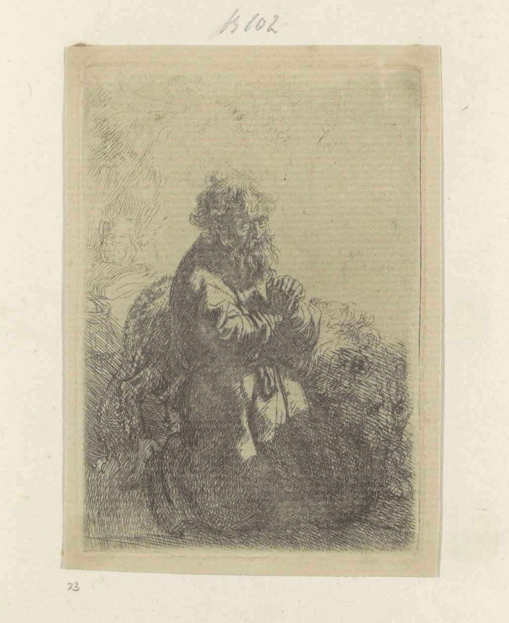 Hieronymus kniend im Gebet, den Blick nach unten gerichtet von Rembrandt van Rijn