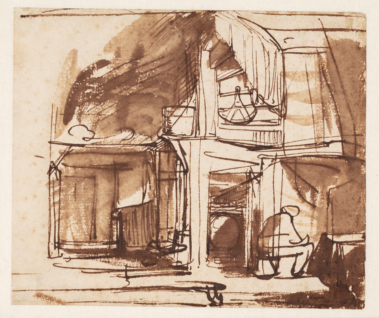Innenraum mit Wendeltreppe und sitzendem Mann von Rembrandt van Rijn