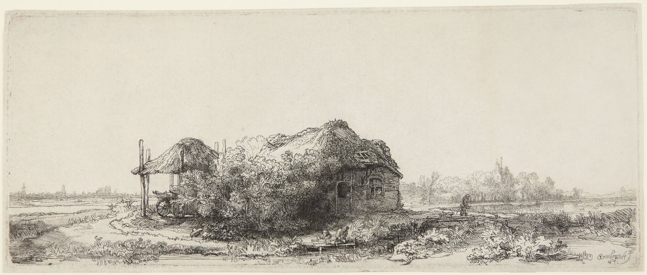 Landschaft mit Hütten und Heuscheune von Rembrandt van Rijn