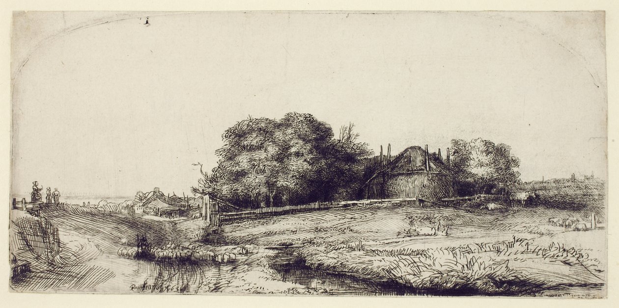 Landschaft mit Heuscheune und einer Schafherde, ca. 1652 von Rembrandt van Rijn
