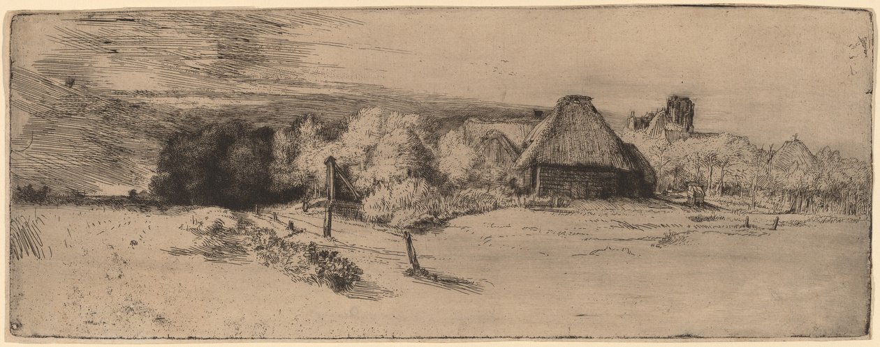 Landschaft mit Bäumen, Bauernhäusern und einem Turm von Rembrandt van Rijn