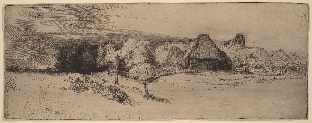 Landschaft mit Bäumen, Bauernhäusern und einem Turm von Rembrandt van Rijn