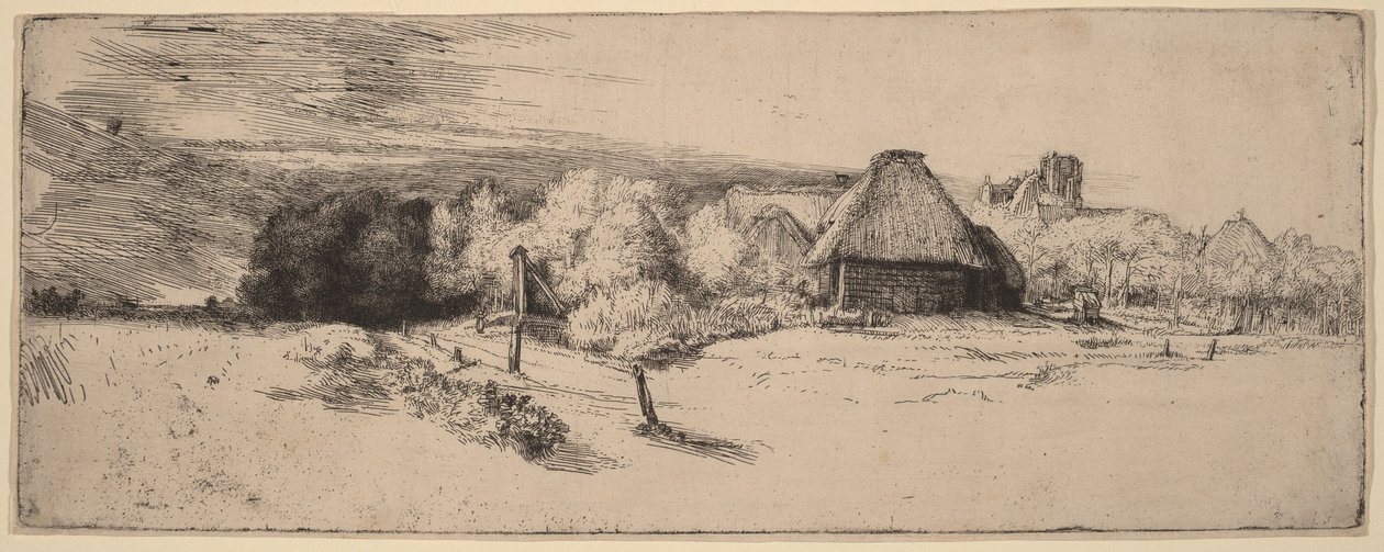 Landschaft mit Bäumen, Bauernhäusern und einem Turm von Rembrandt van Rijn