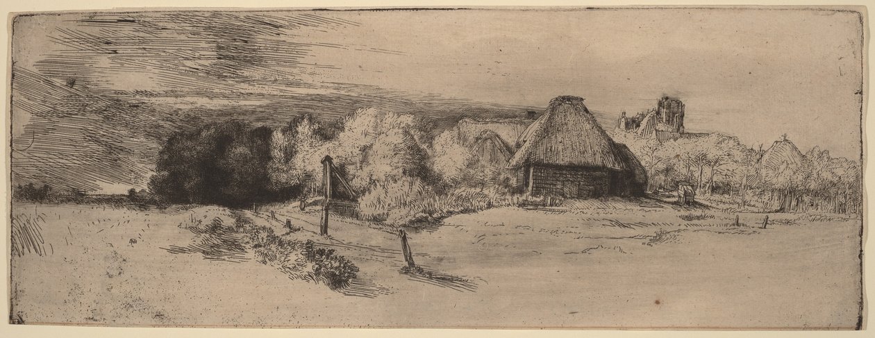 Landschaft mit Bäumen, Bauernhäusern und einem Turm von Rembrandt van Rijn