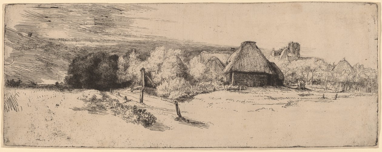 Landschaft mit Bäumen, Bauernhäusern und einem Turm, ca. 1651 von Rembrandt van Rijn