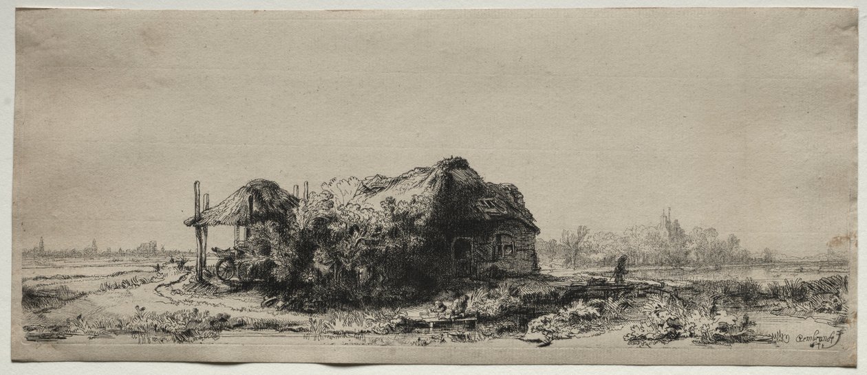Landschaft mit einem Cottage und Heuscheune: Querformat, 1641 von Rembrandt van Rijn
