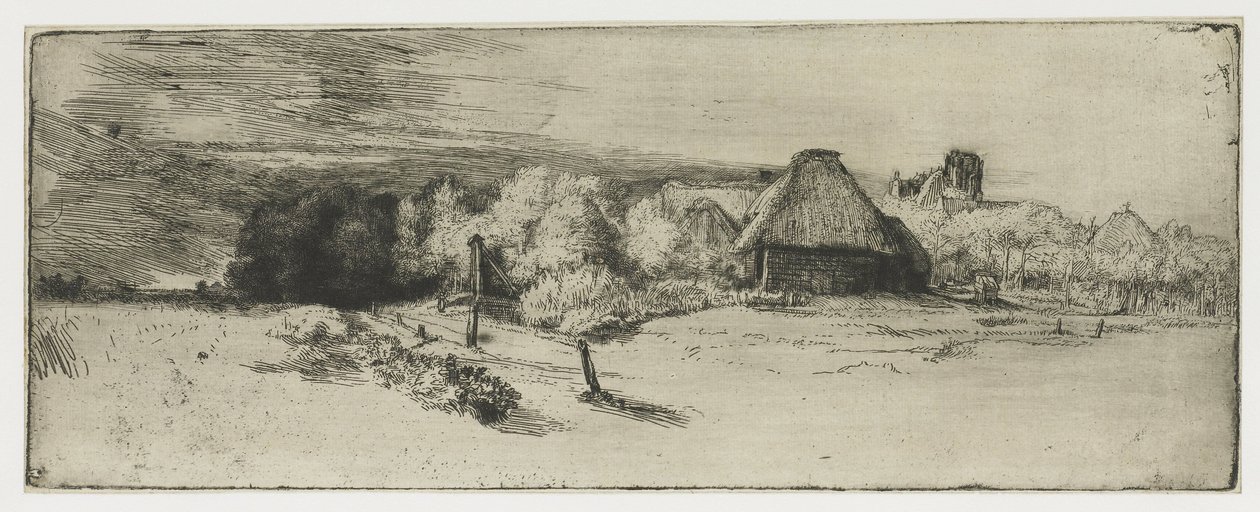 Landschaft mit einem Bauernhaus und dem Haus mit dem Turm von Rembrandt van Rijn
