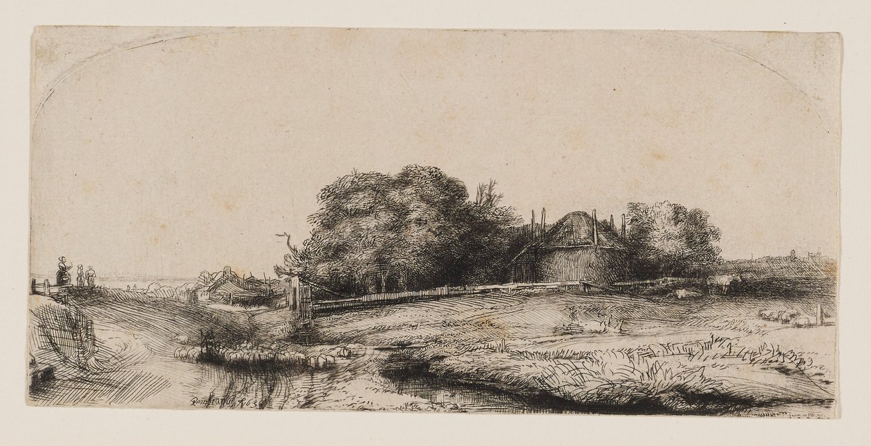 Landschaft mit Heuscheune und Schafherde von Rembrandt van Rijn