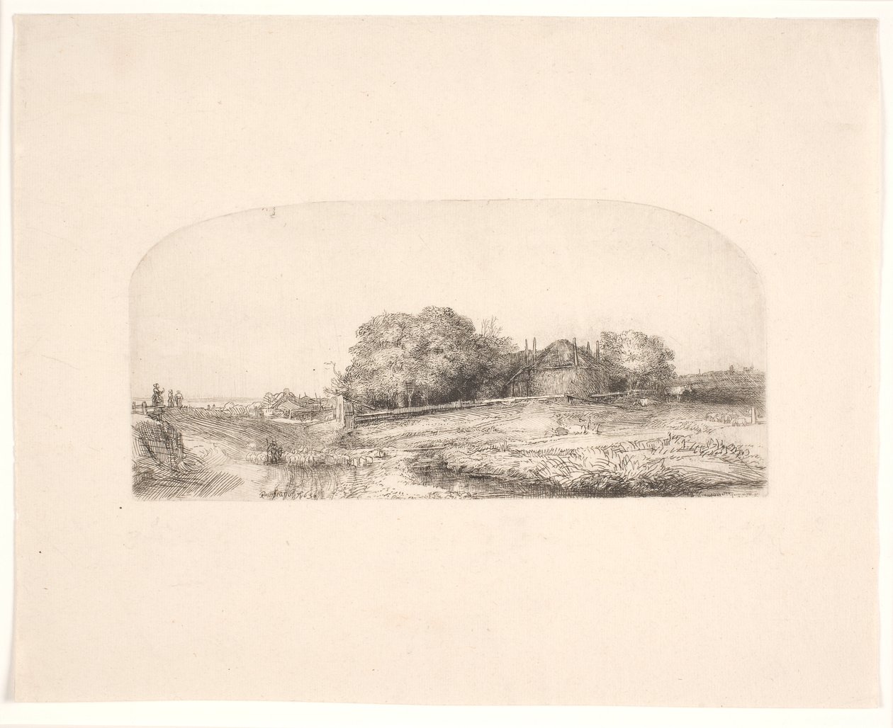 Landschaft mit Heuschober und Schafherde von Rembrandt van Rijn