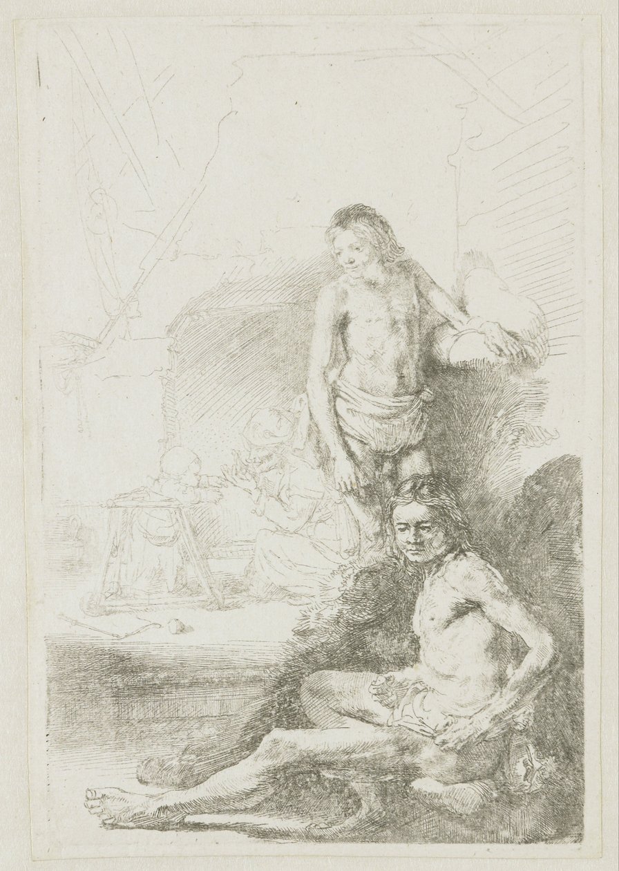 Männlicher Akt, sitzend und stehend von Rembrandt van Rijn