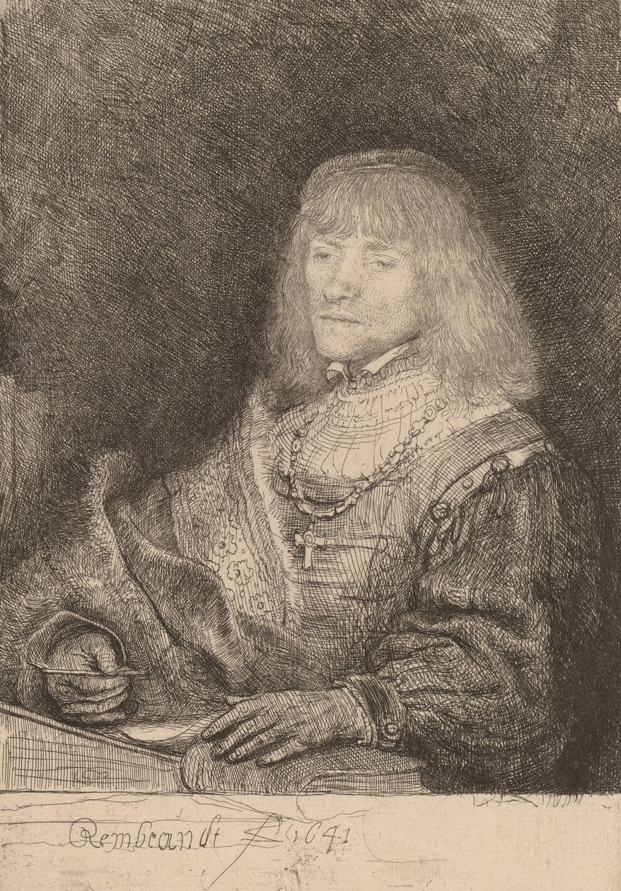 Mann an einem Schreibtisch mit Kreuz und Kette, 1641 von Rembrandt van Rijn