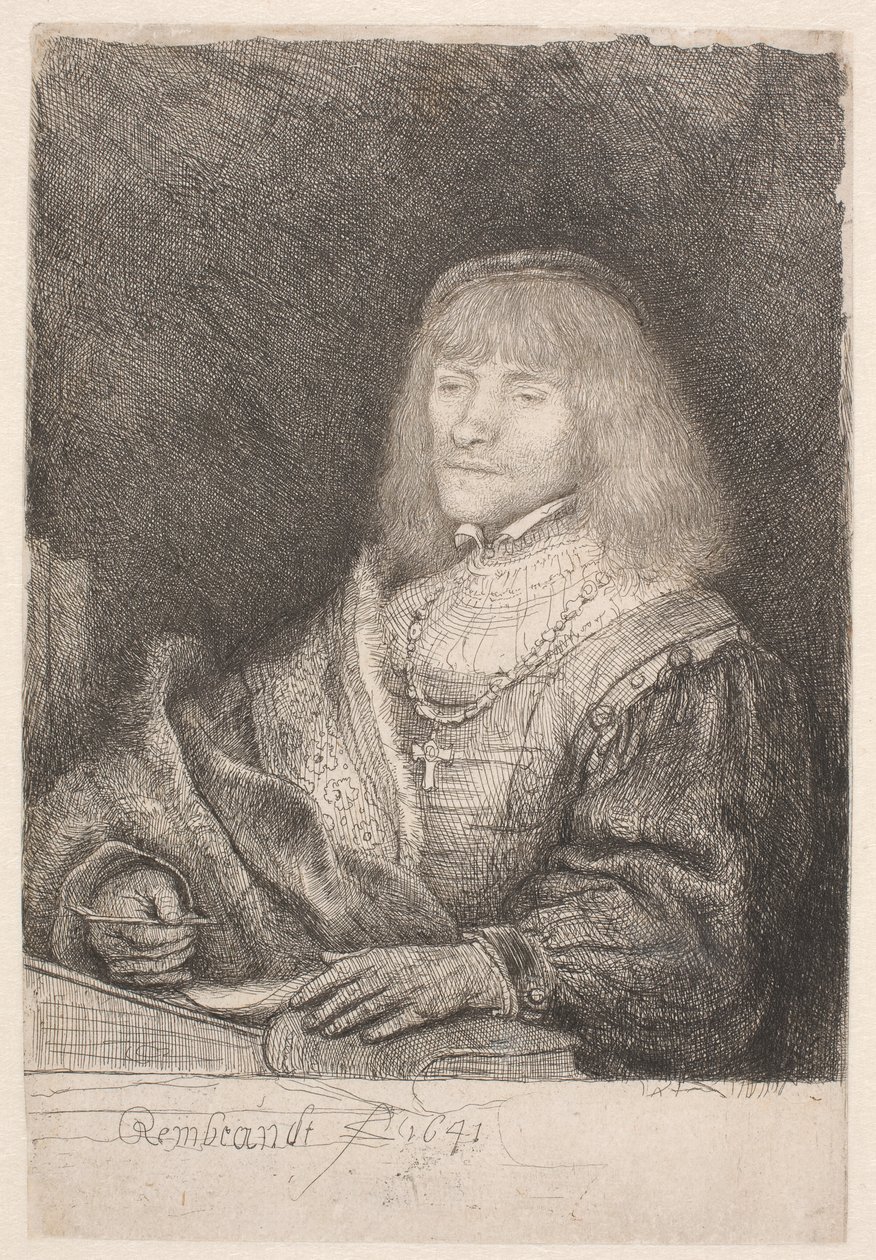 Mann am Schreibtisch, mit Kreuz und Kette von Rembrandt van Rijn
