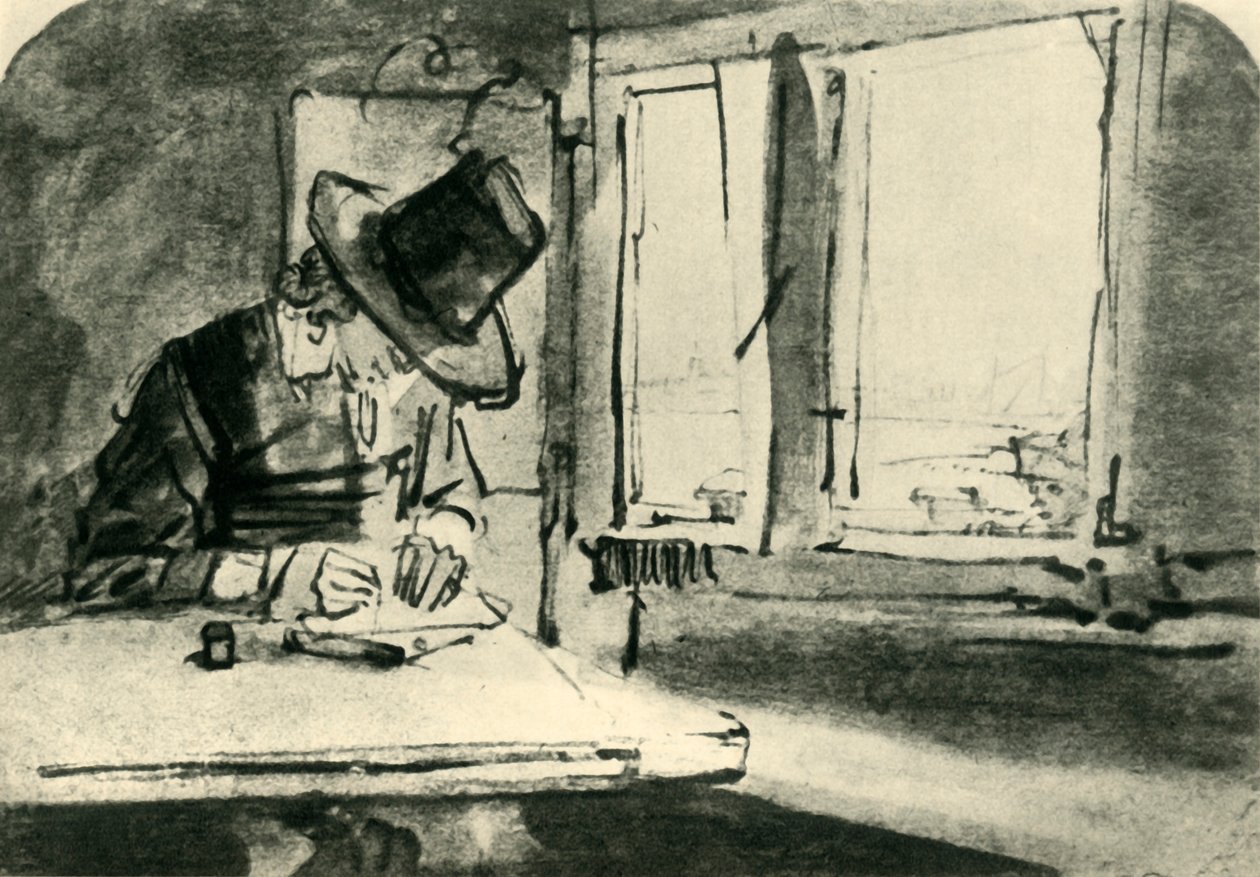 Mann, der am Fenster zeichnet, Mitte des 17. Jahrhunderts, 1943 von Rembrandt van Rijn