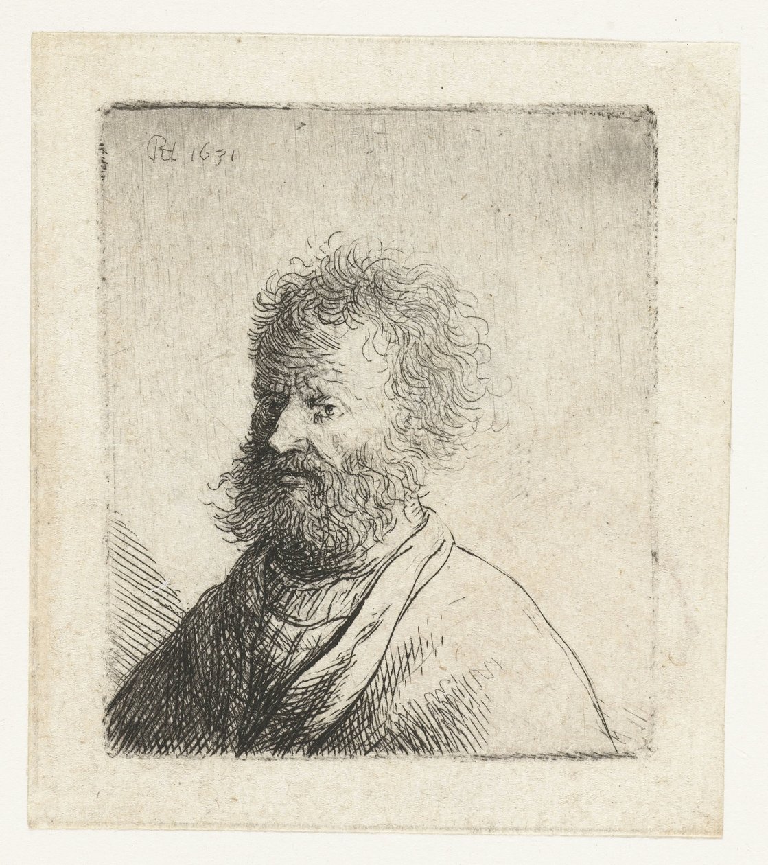 Mann mit quadratischem Bart und lockigem Haar: Büste von Rembrandt van Rijn