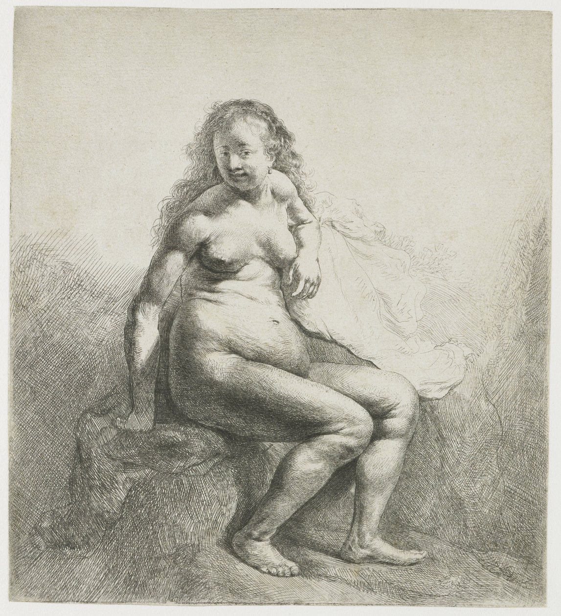 Nackte Frau auf einem Hügel von Rembrandt van Rijn