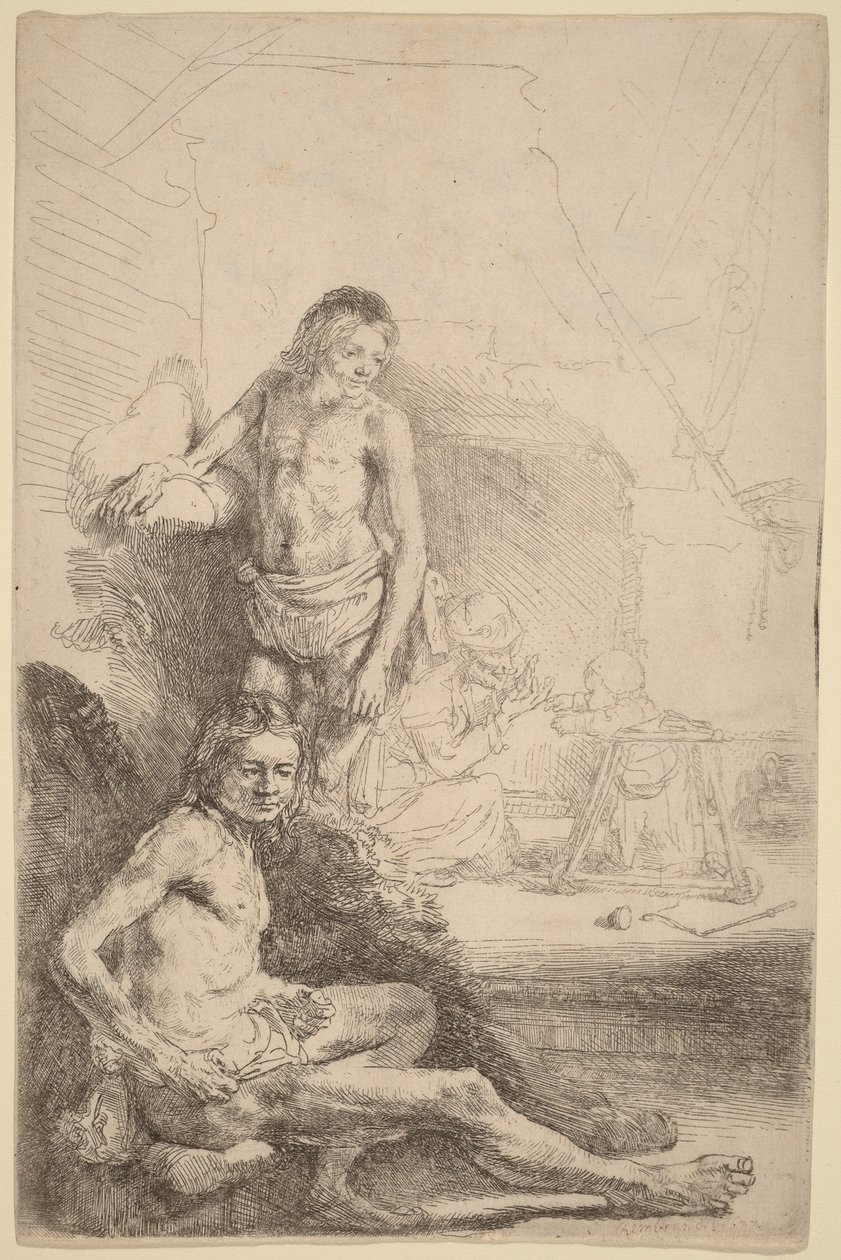 Nackter Mann sitzend und nackter Mann stehend, mit Frau und Baby im Hintergrund von Rembrandt van Rijn