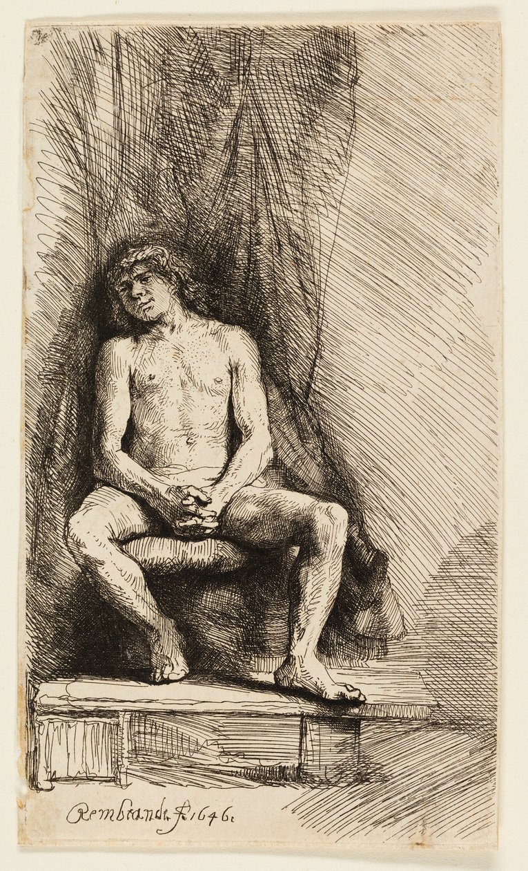 Nackter Mann vor einem Vorhang sitzend von Rembrandt van Rijn