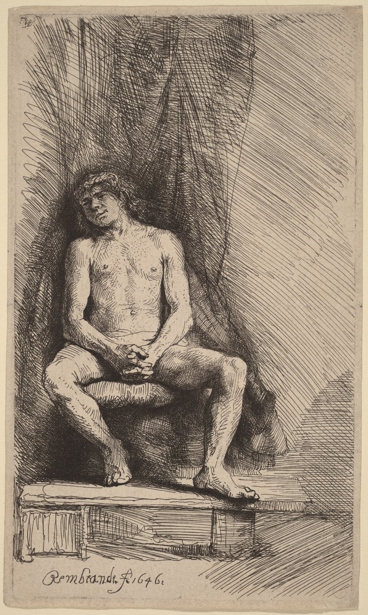 Nackter Mann vor einem Vorhang sitzend von Rembrandt van Rijn