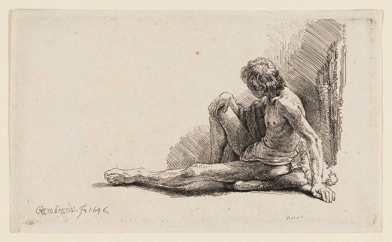 Nackter Mann, der auf dem Boden sitzt, mit einem ausgestreckten Bein von Rembrandt van Rijn