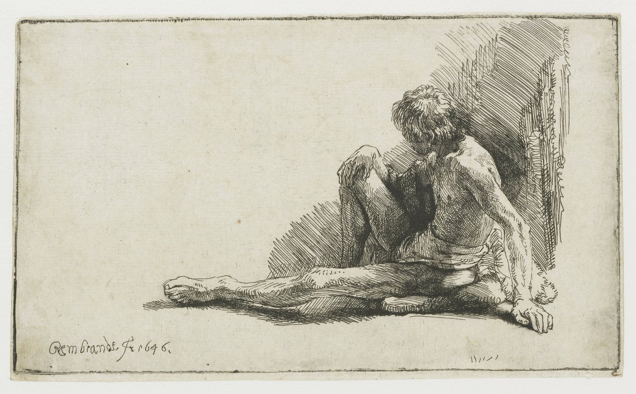Nackter Mann, der auf dem Boden sitzt, mit einem ausgestreckten Bein von Rembrandt van Rijn