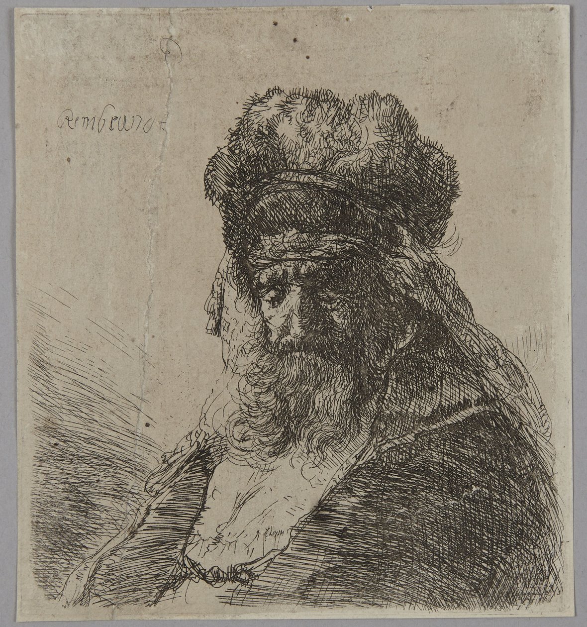 Alter bärtiger Mann mit hoher Pelzmütze, mit geschlossenen Augen von Rembrandt van Rijn