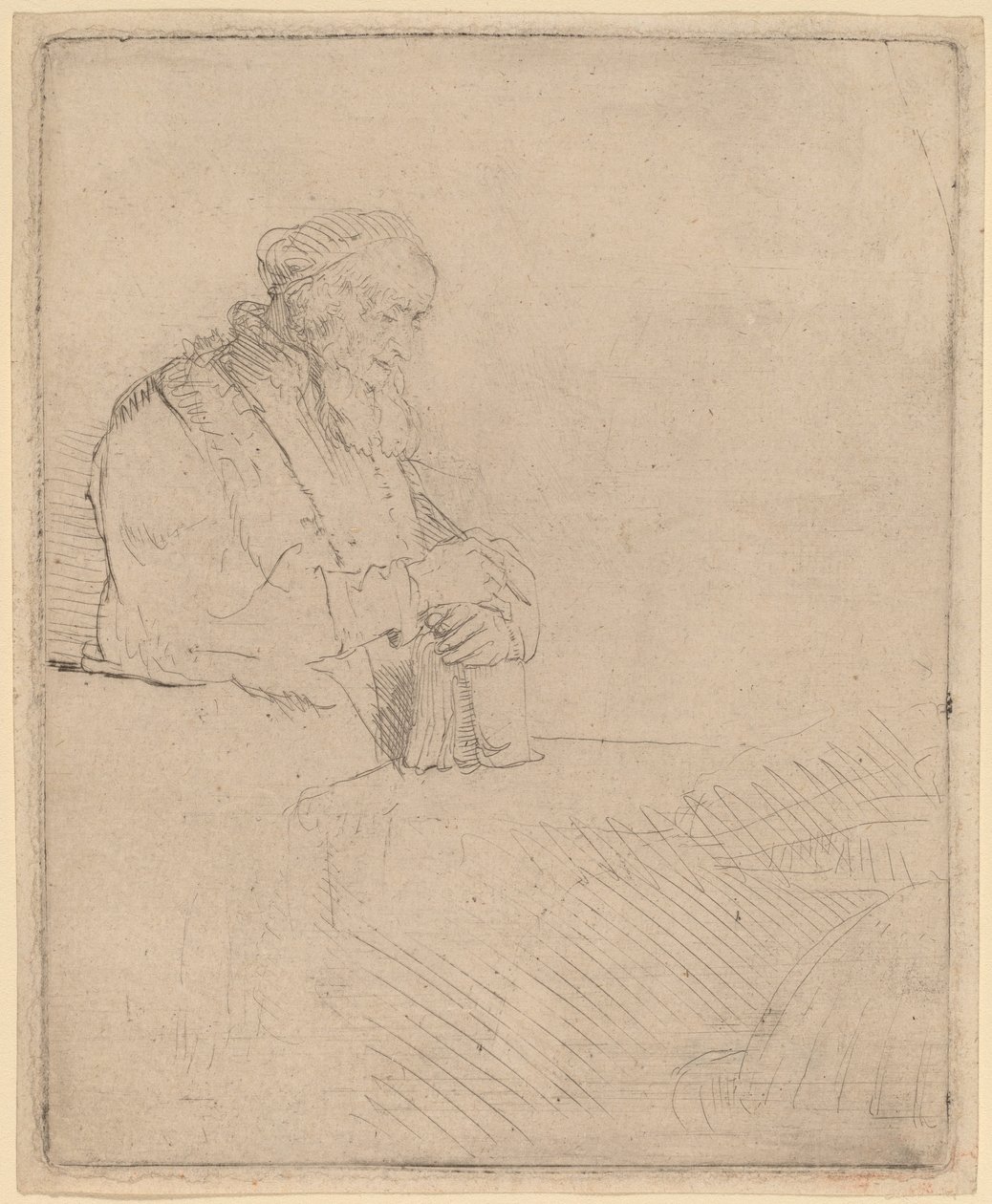 Alter Mann in Meditation, auf ein Buch gelehnt von Rembrandt van Rijn