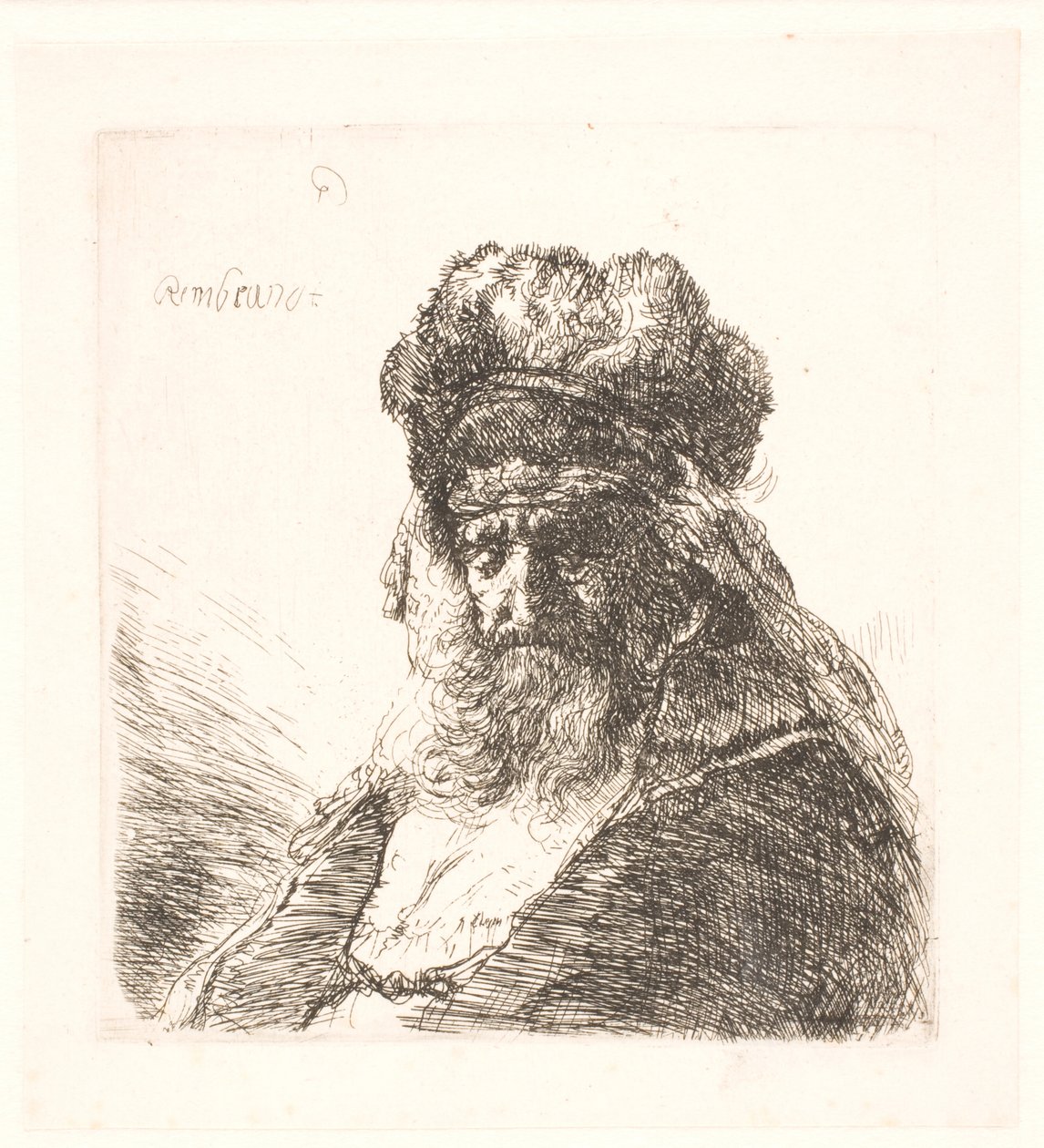 Alter bärtiger Mann mit hoher Pelzmütze, mit geschlossenen Augen von Rembrandt van Rijn