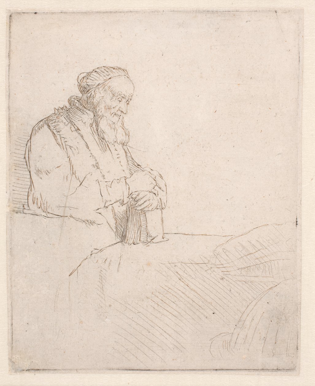 Alter Mann in Meditation, auf ein Buch gelehnt von Rembrandt van Rijn