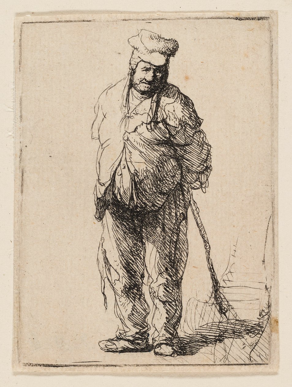 Zerlumpter Bauer mit hinter dem Rücken verschränkten Händen, der einen Stock hält von Rembrandt van Rijn