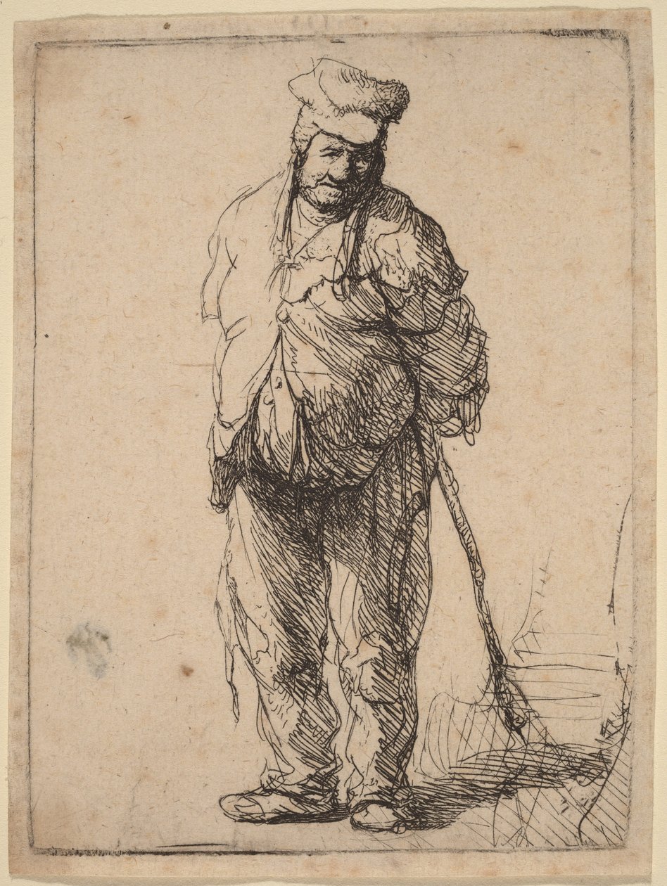 Zerlumpter Bauer mit hinter dem Rücken gehaltenem Stock von Rembrandt van Rijn