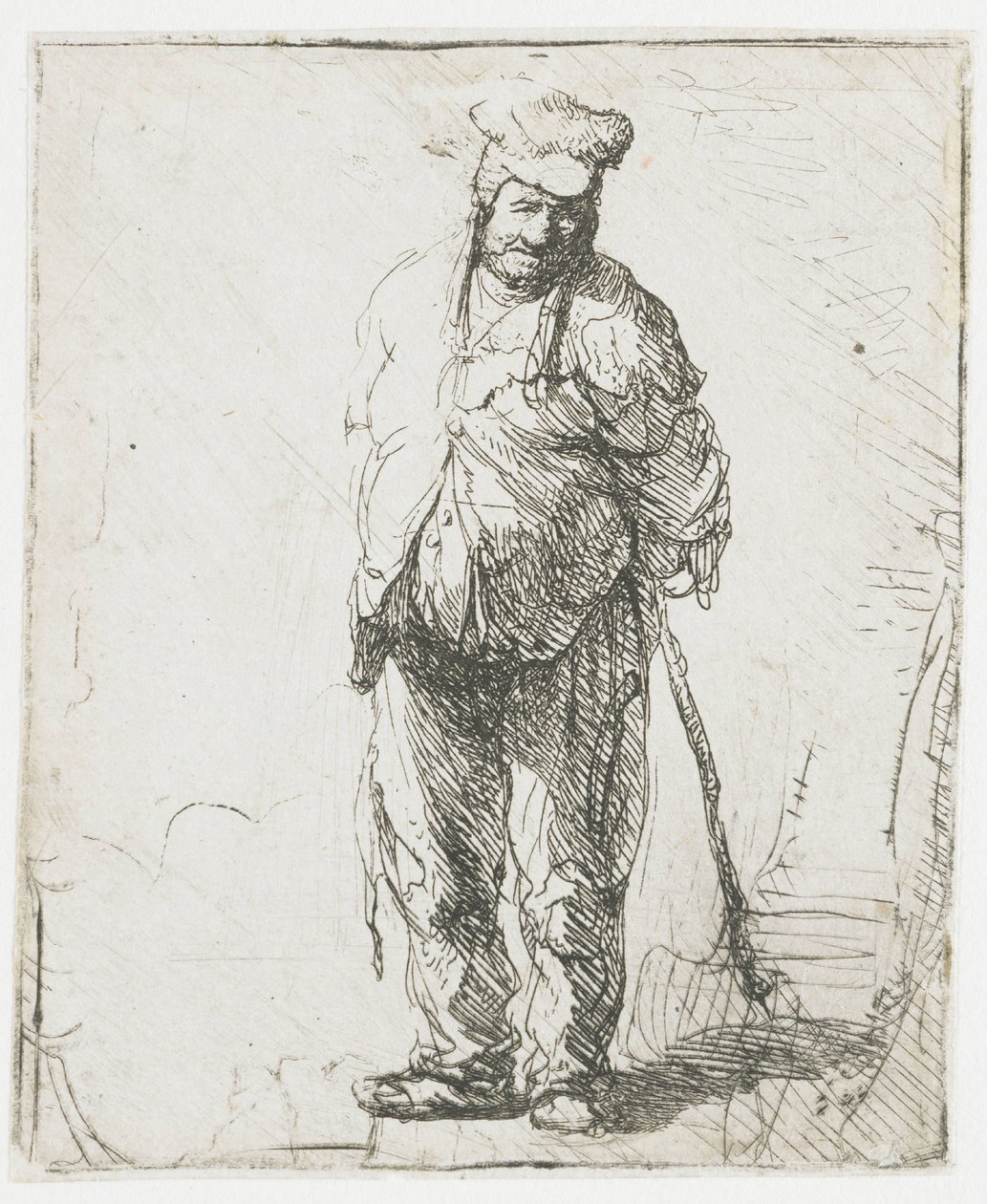 Zerlumpter Bauer mit hinter dem Rücken verschränkten Händen, einen Stock haltend von Rembrandt van Rijn