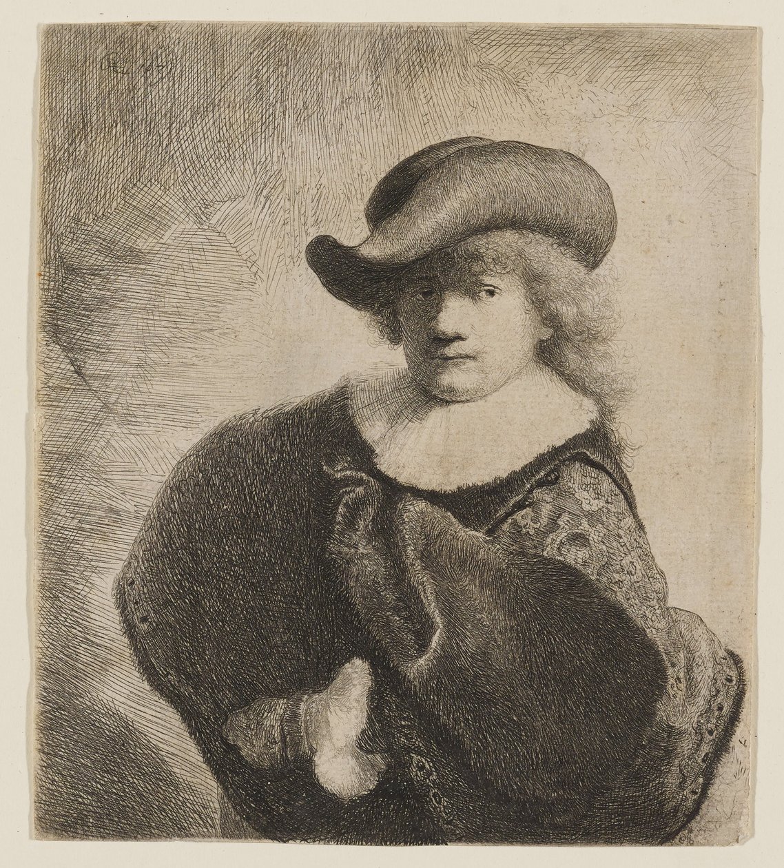 Rembrandt mit einem schiefen weichen Hut von Rembrandt van Rijn