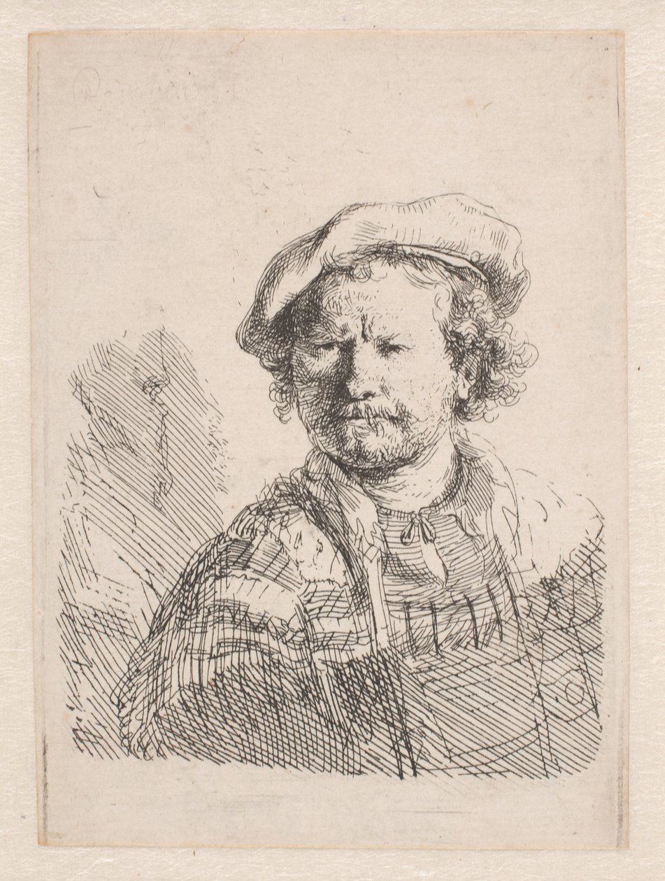 Rembrandt mit einer flachen Mütze und einem Schal um die Schultern von Rembrandt van Rijn