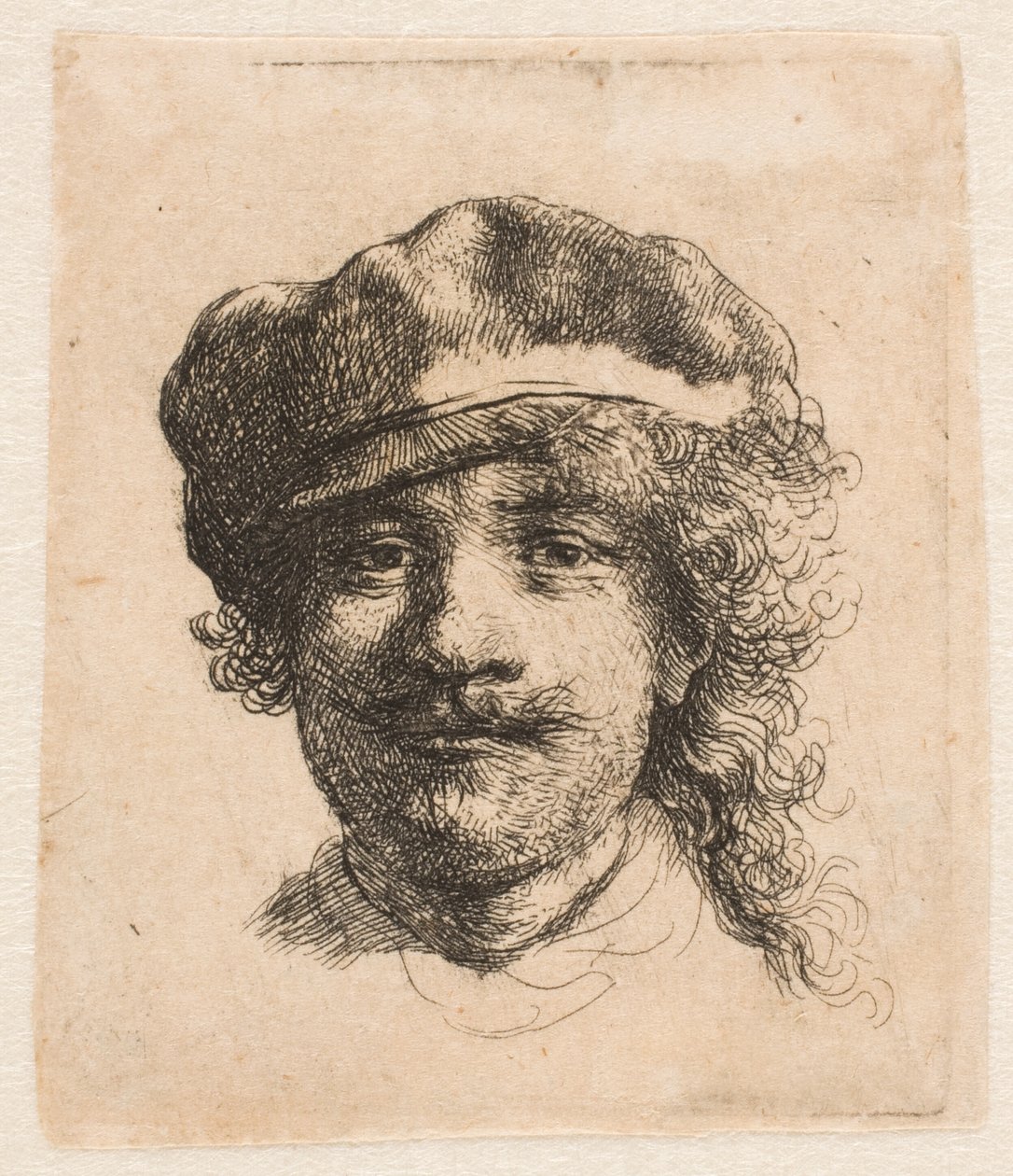 Rembrandt mit weicher Mütze: Frontalansicht: nur Kopf von Rembrandt van Rijn