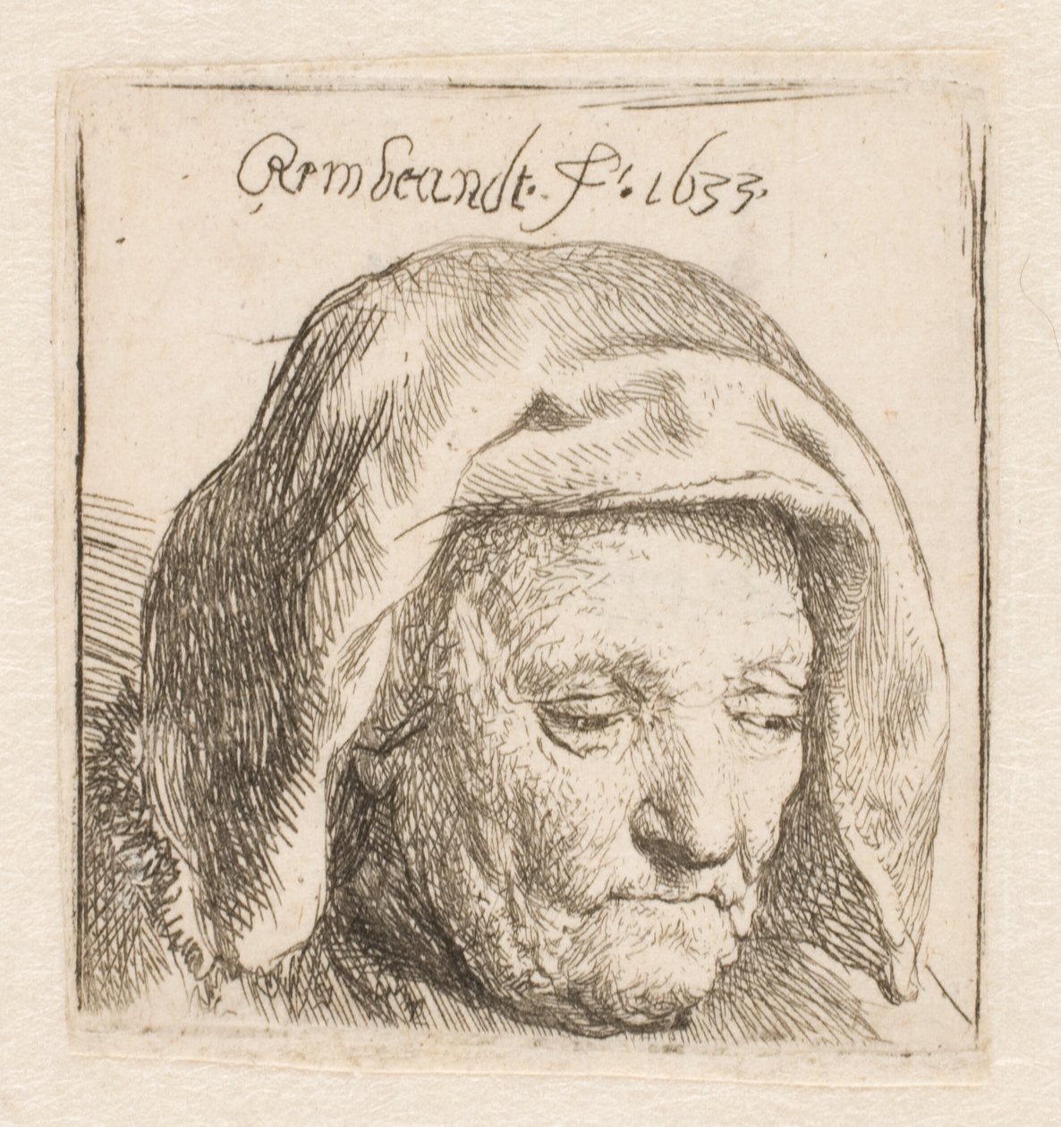 Rembrandts Mutter in einer Stoffhaube, nach unten blickend: nur Kopf von Rembrandt van Rijn