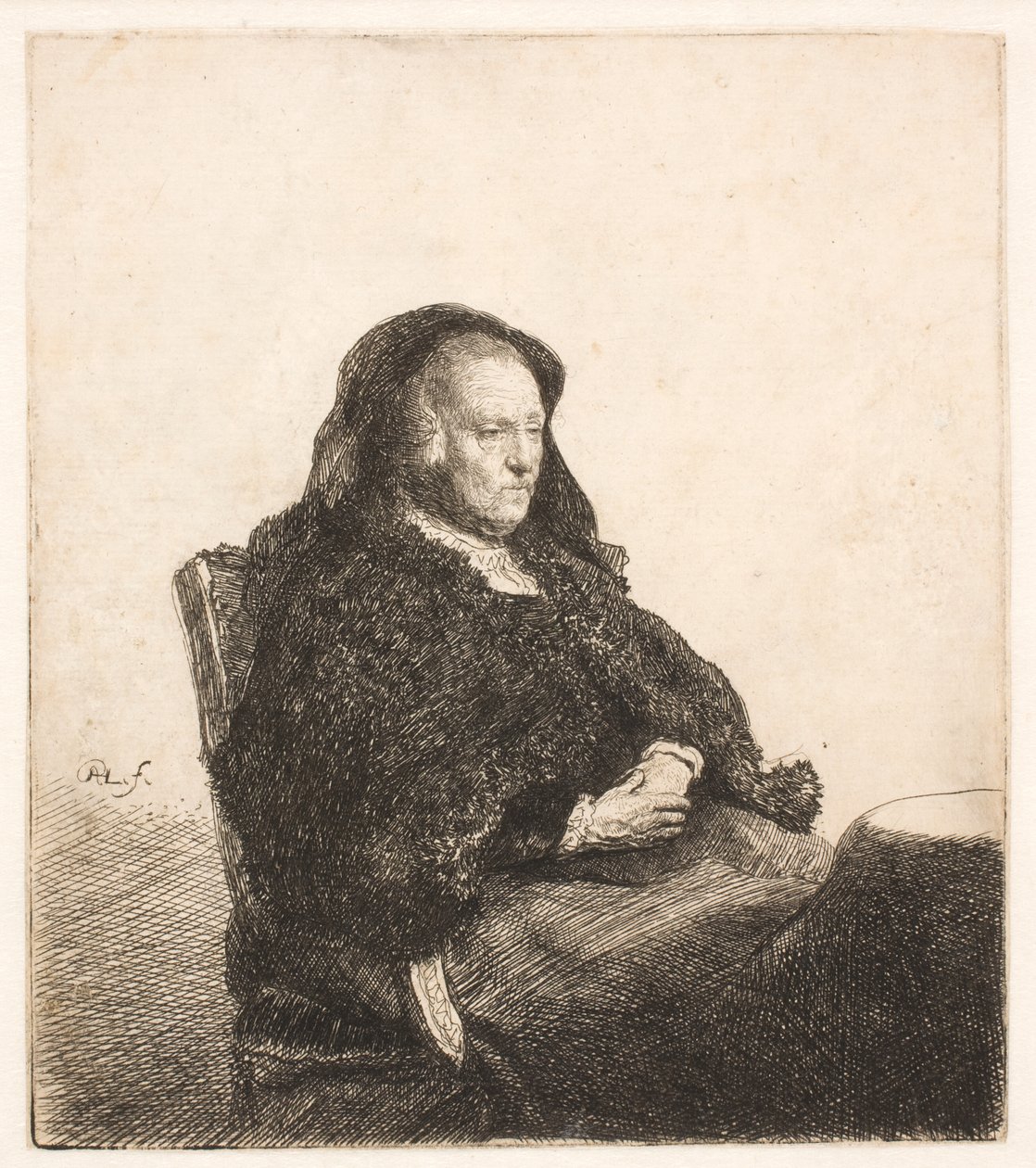 Rembrandts Mutter sitzt an einem Tisch und schaut nach rechts: Dreiviertellänge von Rembrandt van Rijn