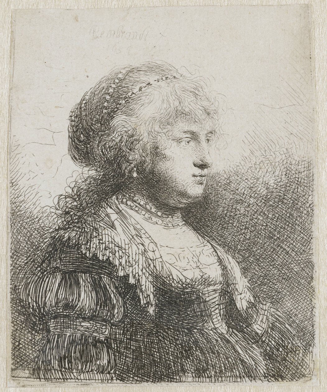 Saskia mit Perlen im Haar von Rembrandt van Rijn