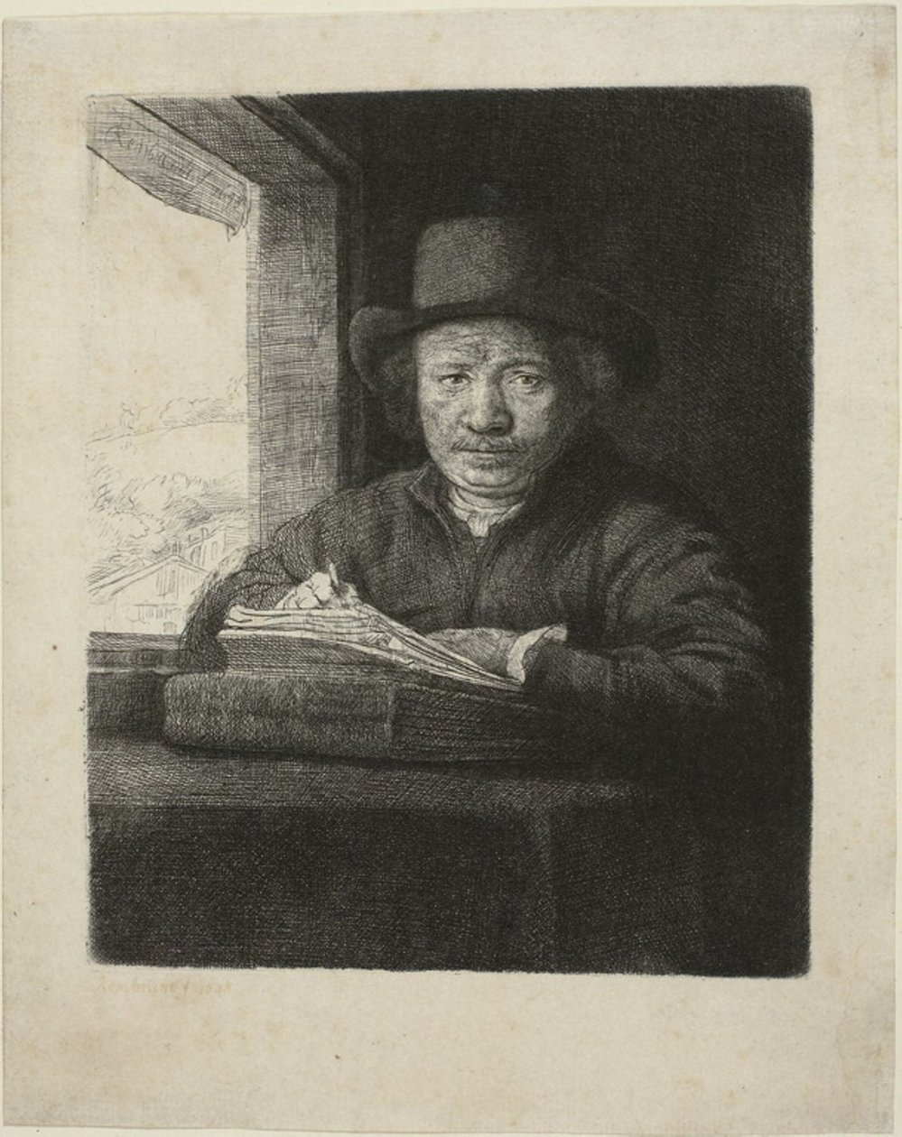 Selbstporträt Radierung am Fenster von Rembrandt van Rijn