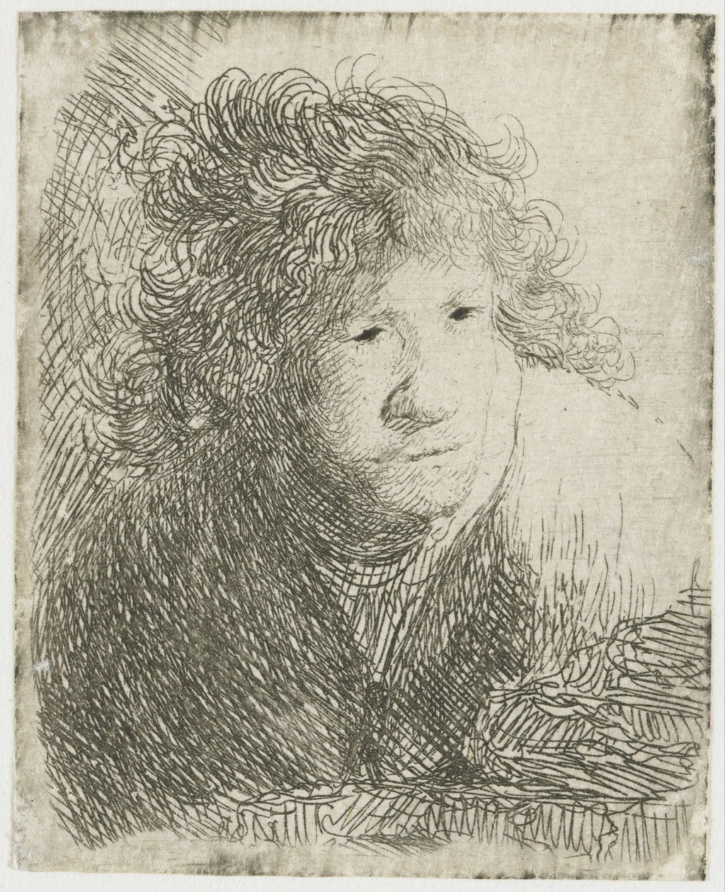 Selbstporträt, nach vorne gelehnt, lauschend, 1628 von Rembrandt van Rijn