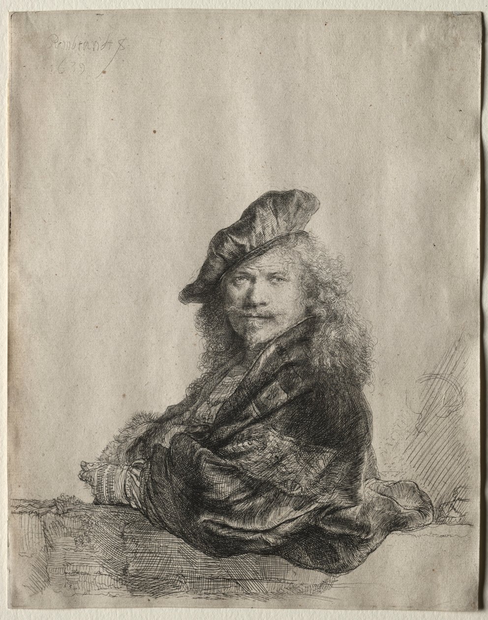 Selbstporträt, das sich auf eine Steinschwelle lehnt, 1639 von Rembrandt van Rijn