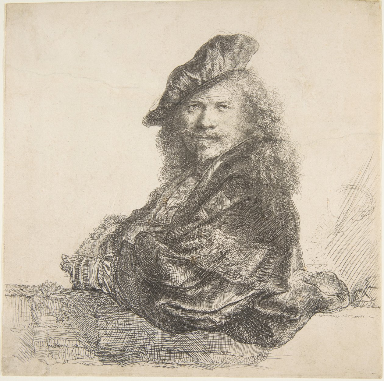 Selbstporträt, an eine Steinmauer gelehnt, 1639 von Rembrandt van Rijn