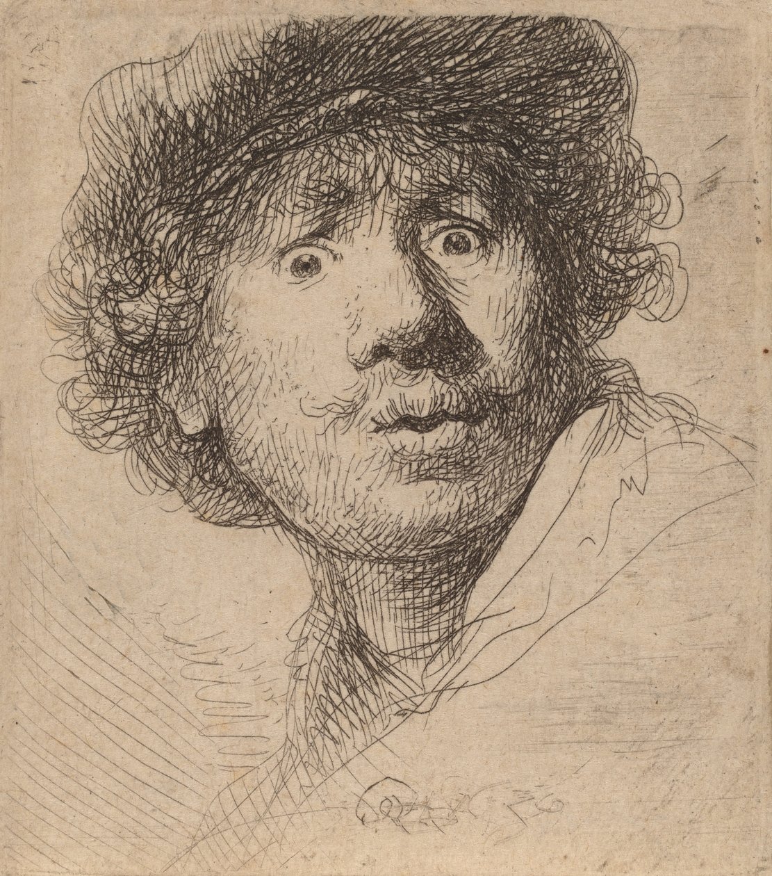 Selbstporträt mit Mütze, mit offenem Mund, 1630 von Rembrandt van Rijn