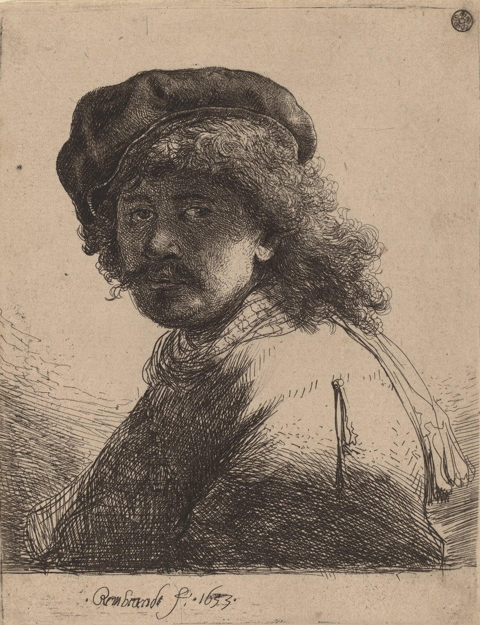 Selbstporträt mit Mütze und Schal, Gesicht dunkel, 1633 von Rembrandt van Rijn