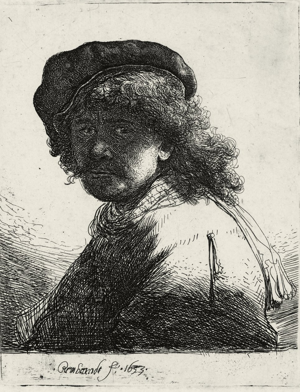 Selbstporträt mit Mütze und Schal, das Gesicht dunkel von Rembrandt van Rijn