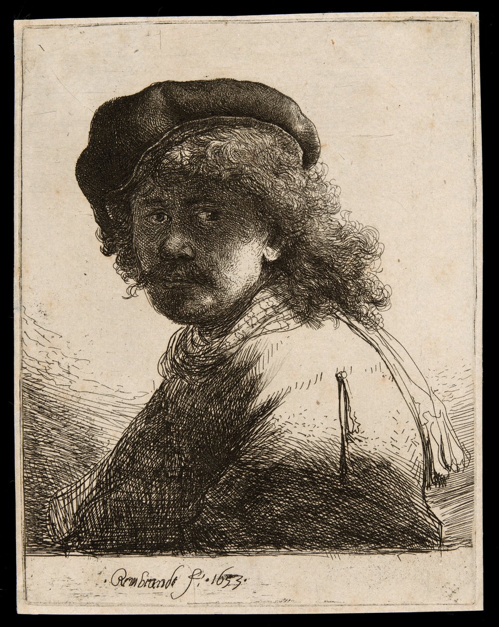 Selbstporträt mit Mütze und Schal, das Gesicht dunkel: Büste von Rembrandt van Rijn