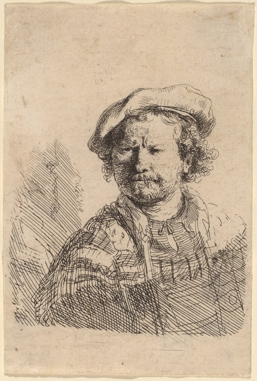 Selbstporträt mit Flachkappe und besticktem Kleid von Rembrandt van Rijn