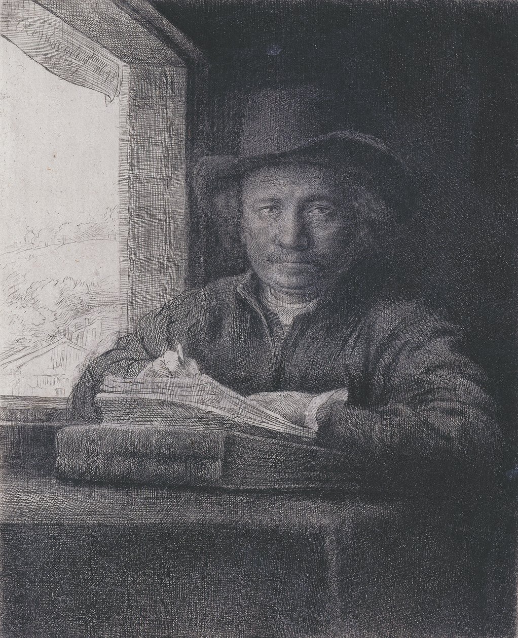 Selbstporträt, Radierung am Fenster, 1648 (Radierung und Gravur auf Büttenpapier) von Rembrandt van Rijn