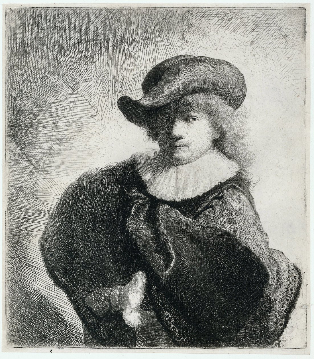 Selbstporträt mit weichem Hut und besticktem Umhang von Rembrandt van Rijn