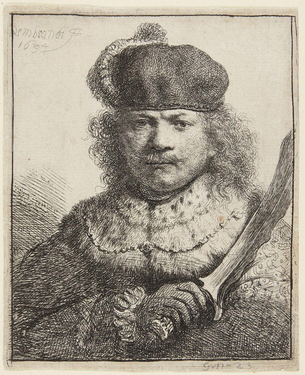 Selbstporträt mit erhobenem Säbel von Rembrandt van Rijn